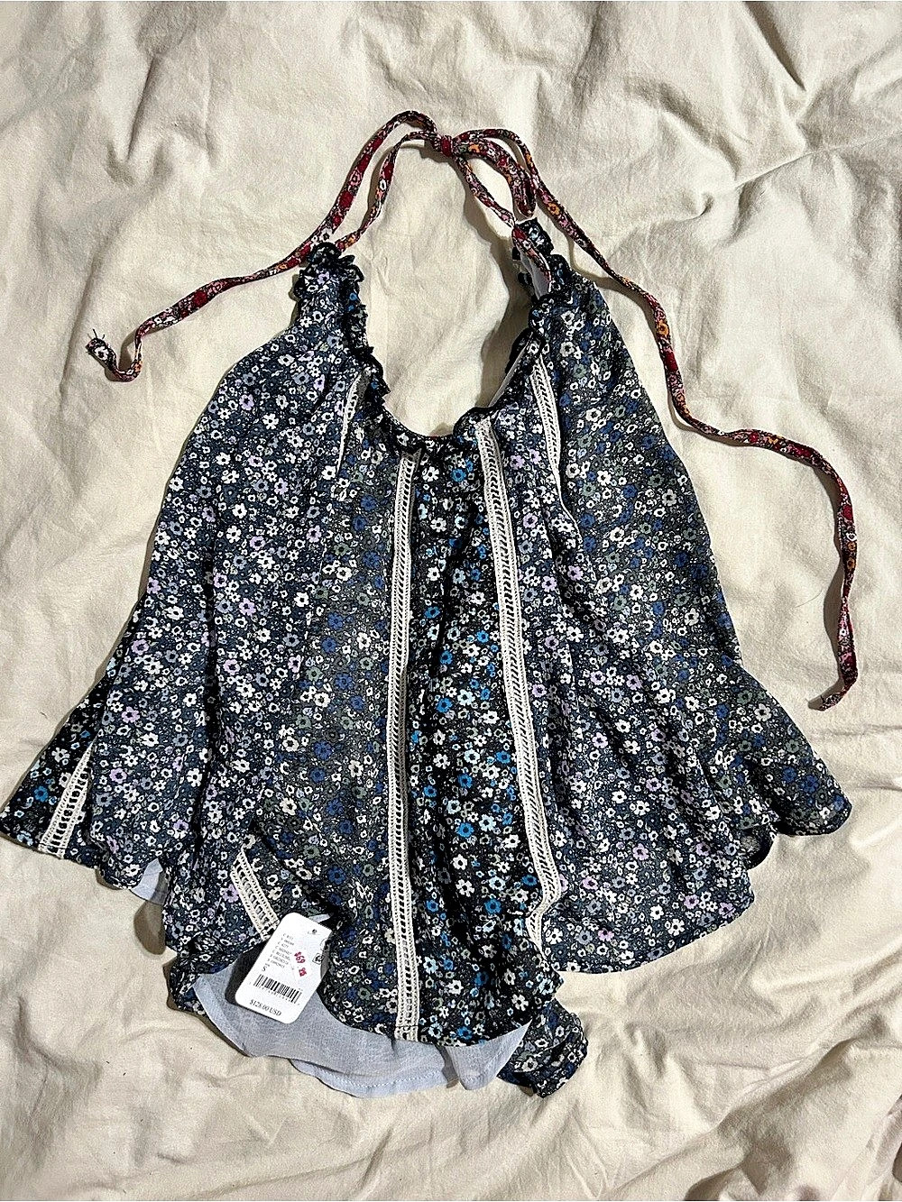 Free People Floral Blouse in Blue & Black Size Small